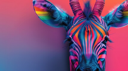   Close-up of a zebra's face and neck with intricate multicolored pattern