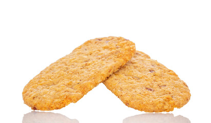 Two sweet fruit cookies, macro, isolated on white background.