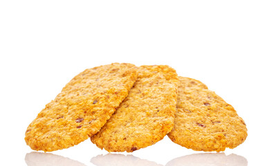Three sweet fruit cookies, macro, isolated on white background.