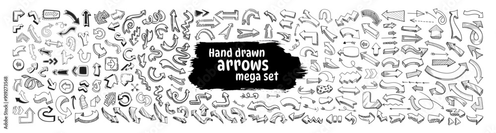 Poster collection hand drawn arrows. set arrows isolated on transparent background. hand drawn arrows, mark