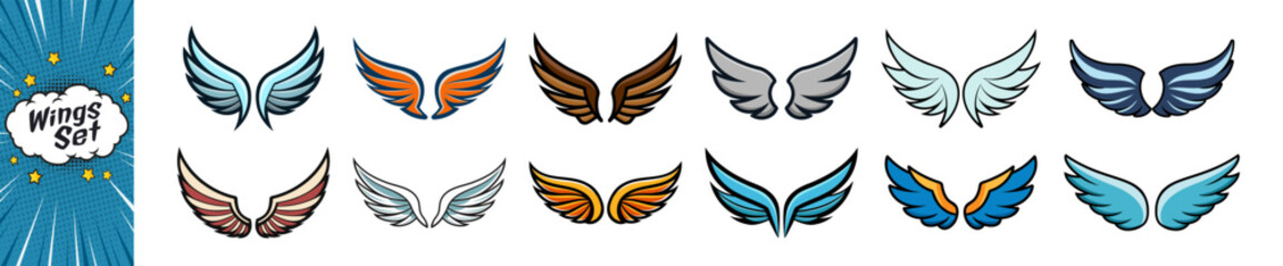 Colored wings icons on transparent background. Line style. Angel wings icon vector set. Eagle, bird, heraldic, flying, falcon, phoenix, hawk logo