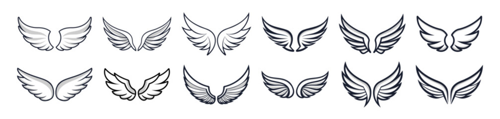 Wings icons set on transparent background. Line style. Angel wings icon vector set. Eagle, bird, heraldic, flying, falcon, phoenix, hawk logo