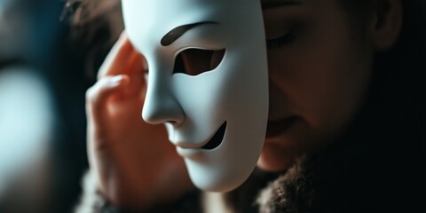 Behind the Facade: A young woman holds a smiling white mask to her face, her expression a mix of contemplation and concealed emotions. 