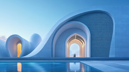 Breathtaking capture of a forward-thinking mosque, blending traditional elements with modern needs to serve diverse 21st-century functions. 