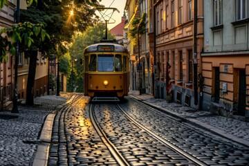 Naklejka premium Tram Ride Through a Cobblestone Street in Prague
