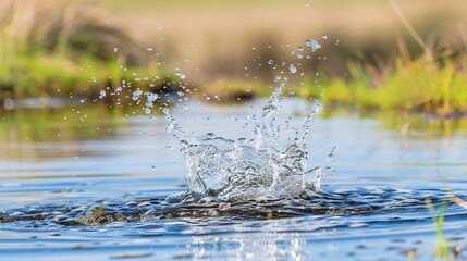 Obraz premium A splash of water on a grassy body of water with foreground grass
