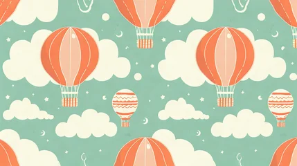 Wanddecoratie Luchtballon   A series of colorful hot air balloons floating amidst blue stars and fluffy white clouds against a backdrop of vibrant green The scene includes crescent moon shapes and twink  © Olga