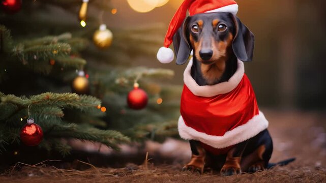 Dachshund weiner dog in Santa Claus Costume under Christas tree