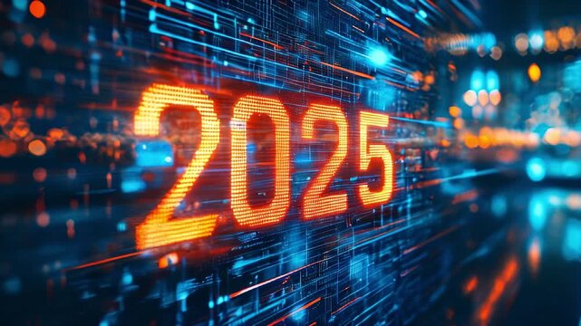 Orange numbers 2025 glowing galagram on digital paternoster. dark with blue neon light. the year of new technology.