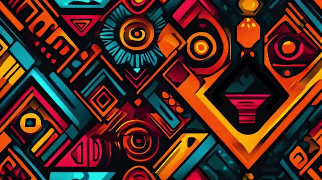 Abstract background featuring elements of Aztec patterns, with intricate geometric designs and vibrant colors, creating a rich, cultural tapestry that blends traditional motifs with a modern.