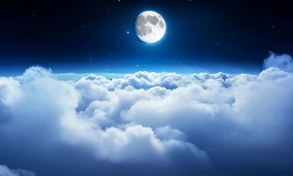 Phases of the moon, full moon. Illuminated, glowing echo on the background of space and stars above white clouds