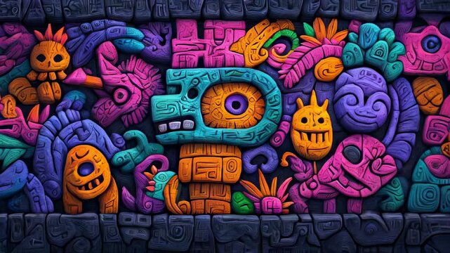 Aztec style artwork in vibrant neon colors, featuring whimsical doodle monsters with exaggerated features. Intricate stonework with traditional patterns, glowing neon hues, and playful modernity.