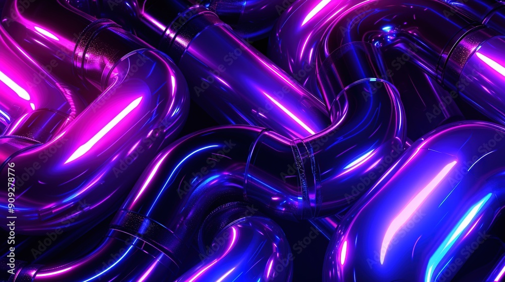 Poster   Purple and blue metal pipes glisten, with red lights emitting from the ends