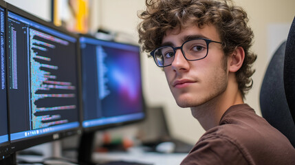 Fototapeta premium A young man with curly hair, wearing glasses and a brown shirt, intently looking at two computer monitors placed side by side on a white desk. The left monitor displays a dark-themed code editor