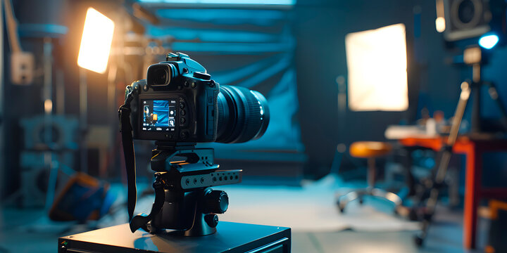 Camara de video en un estudio de grabaci&oacute;n con luces fr&iacute;as 