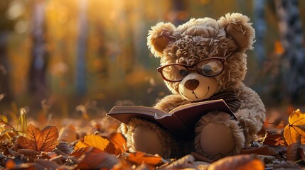Teddy bear with glasses reading a book
