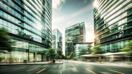 Obraz premium Glimpses of a vibrant city street lined with modern glass architecture, capturing the essence of urban life during sunset