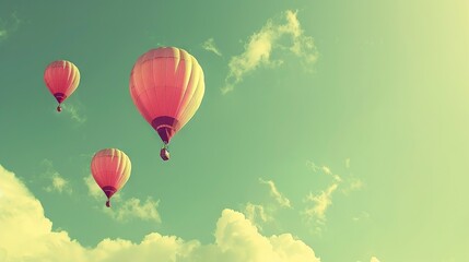 Obraz premium Three hot air balloons soar through a blue sky, dotted with white clouds below