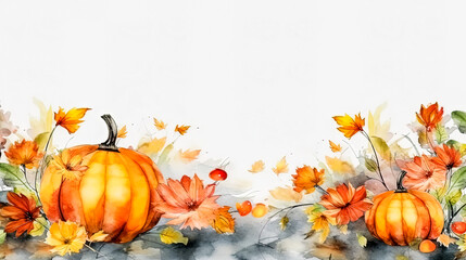 A painting of three pumpkins and leaves with a white background.