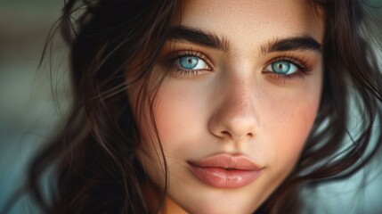 Fototapeta premium Close-Up Portrait of Young Woman with Blue Eyes and Wavy Hair. Perfect for Print, Card, and Poster Design. Generative ai