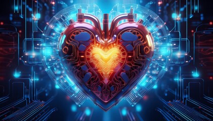 3D rendering of a heart surrounded by neon circuitry, symbolizing advanced medical technology.
