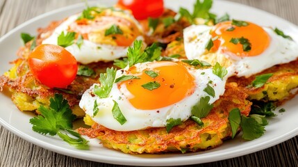 potato latkes with eggs benedict, kitchen background, 