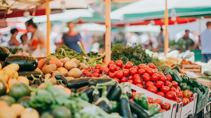 An open-air farmers market with stalls full of fresh fruits and vegetables, people choosing produce.