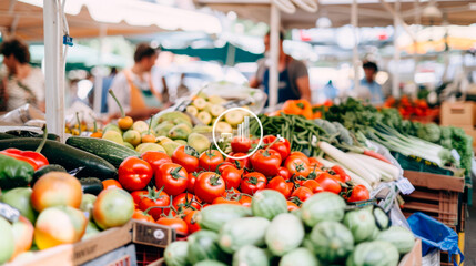 An open-air farmers market with stalls full of fresh fruits and vegetables, people choosing produce.