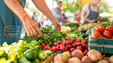 An open-air farmers market with stalls full of fresh fruits and vegetables, people choosing produce.