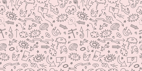 Pattern seamless background. Set of vector doodle elements. Arrows, heart, elements for conceptual design. Speech bubble, cloud for text.