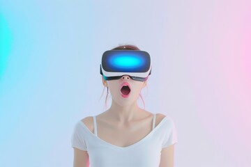 Fototapeta premium A young woman wearing a VR headset looks up in shock with her mouth open wide.