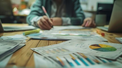 Fototapeta premium employees discussing statistics at a work table with documents