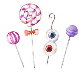Set of watercolor striped lollipops. Orange and purple Halloween candies isolated on white background. Sweets shaped like eyeballs