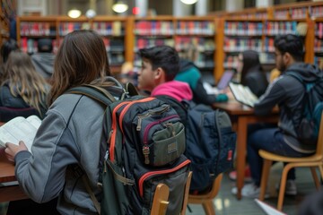 Students Studying in Library with Organizational School Backpacks for Efficient Study Sessions