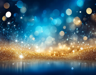 Fototapeta premium Sparkling Christmas Glitter Background with Gold and Blue Bokeh