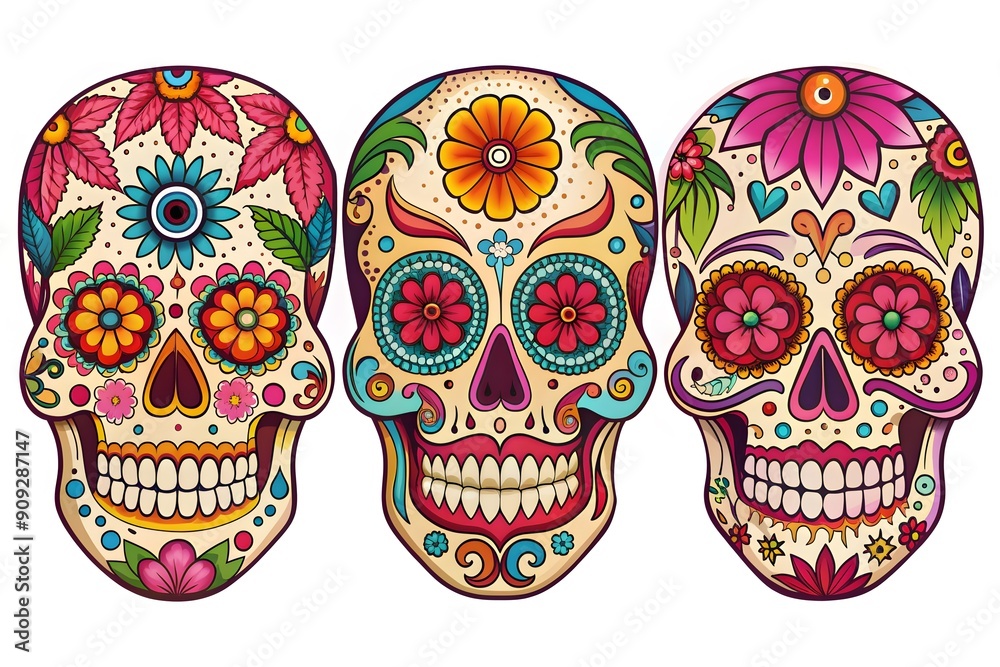 Wall mural Mexican Sugar skulls, Day of the dead vector illustration on white background