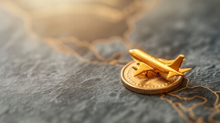 Golden airplane model placed on a large coin, set against a textured map background, symbolizes...