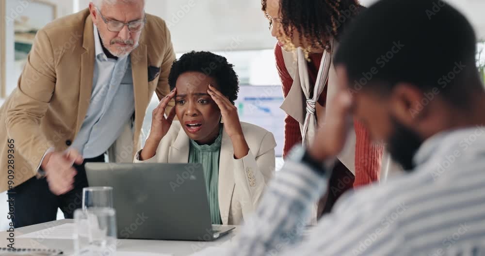 Poster Business meeting, stress and people with laptop in office for website, glitch and troubleshooting. Frustrated, developer and employee with tech at desk for network launch, fail and programming error