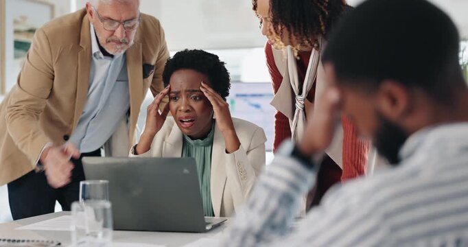 Business meeting, stress and people with laptop in office for website, glitch and troubleshooting. Frustrated, developer and employee with tech at desk for network launch, fail and programming error