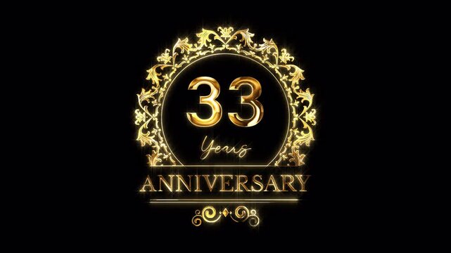 33rd Anniversary Celebration. Happy 33 Years Anniversary Animation in Gold Color on the Transparent Background, Alpha Channel. Great for greetings, celebrations, events, and gifts.
