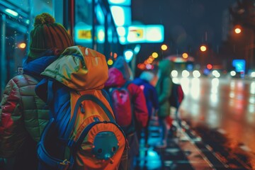 Obraz premium Students with Safety Backpacks Waiting at Bus Stop in Low Light Conditions