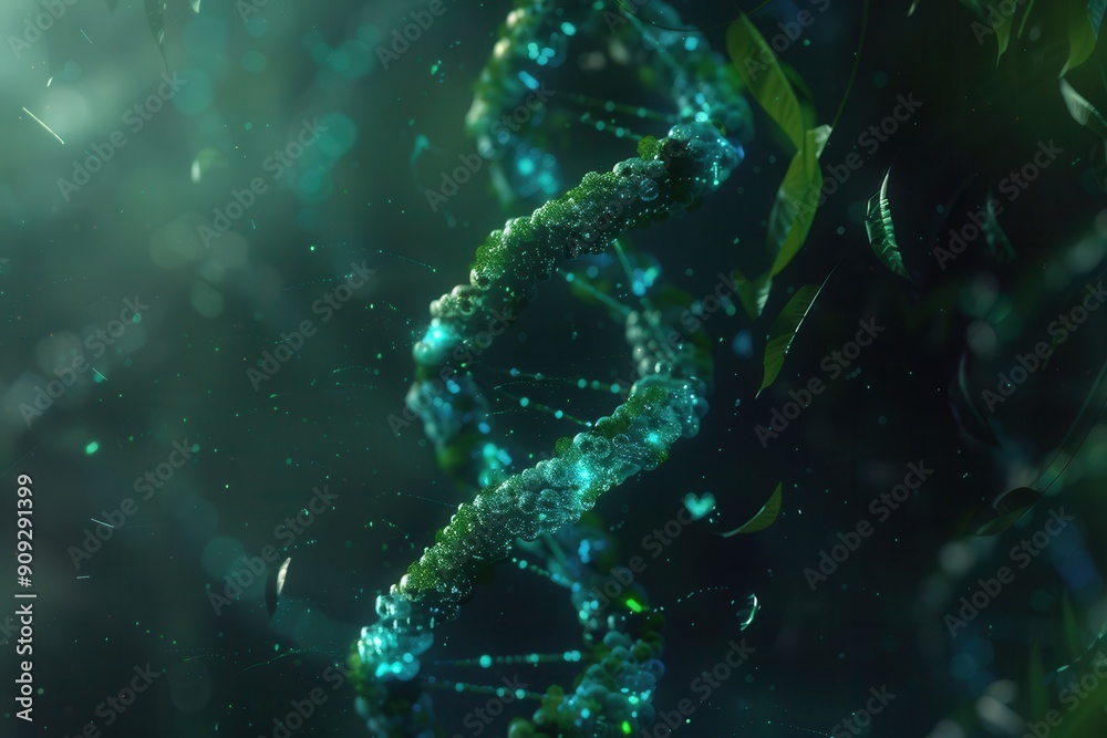 Poster A vibrant double helix structure of DNA emerges against an abstract green backdrop, showcasing intricate details in a mesmerizing scientific representation. Generative AI