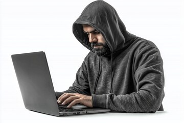Hacker in Black Hoodie Concentrating on Laptop Against Plain White Background