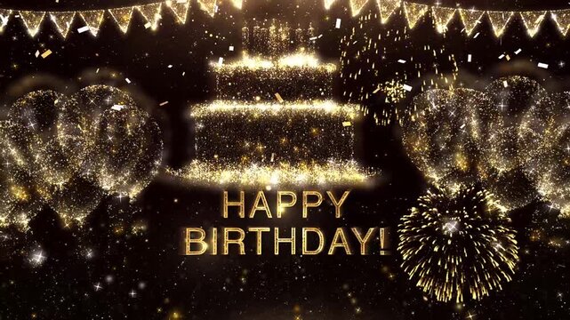 extravagant 4k happy birthday video animation message with balloons cake candles and fireworks in a champagne golden glitter shower theme on a black background
