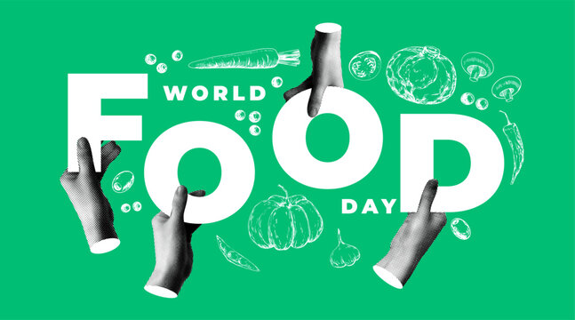World food day banner. Modern collage with halftone hands holding the word Food. Sketch style vegetables. Healthy eating concept. Retro newspaper cut out paper elements. - Powered by Adobe