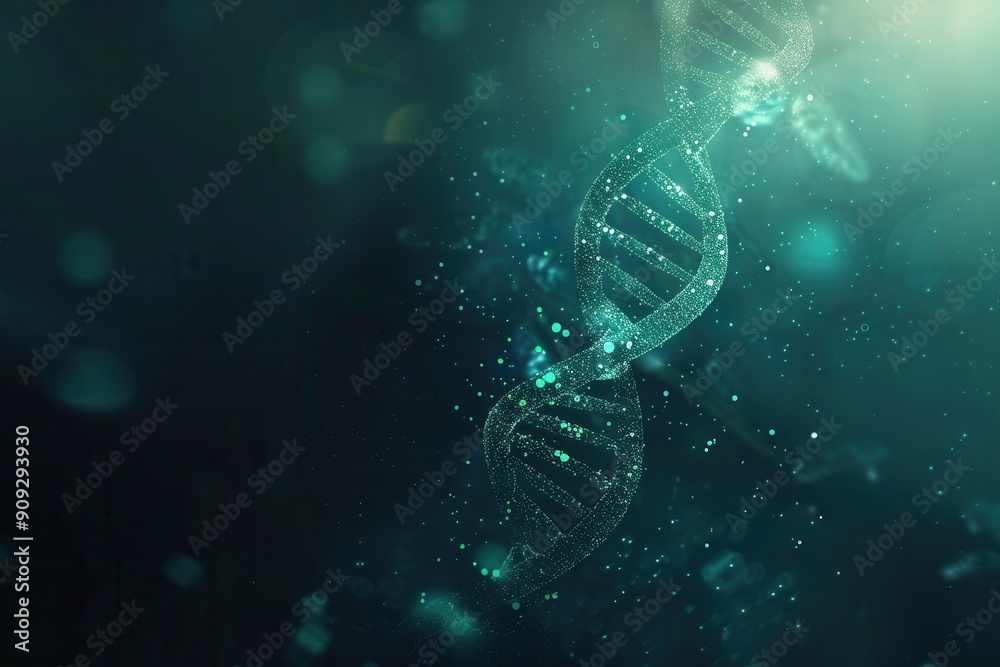 Poster A mesmerizing double helix structure of DNA is surrounded by sparkling particles against a dark abstract background, illustrating the beauty of genetic science. Generative AI