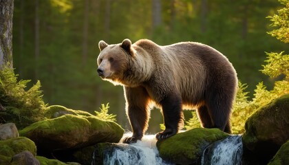 Fototapeta premium A solitary brown bear surveys its verdant kingdom from a rocky perch, framed by the cascading waterfall and dappled light of the serene forest morning