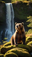 Fototapeta premium In the heart of the lush forest, a majestic brown bear stands atop a moss-covered rock, basking in the golden rays of sunlight filtering through the towering trees