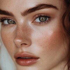 Portrait of a young beautiful girl with freckles on her face close-up. Skin care, healthy nutrition