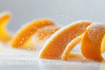 Natural peel and slices of juicy orange in sugar. Concept of health and proper nutrition